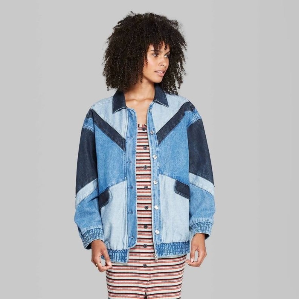 Wild Fable Retro Streetwear Colorblock Denim Bomber Jacket Size XS Blue Chevron